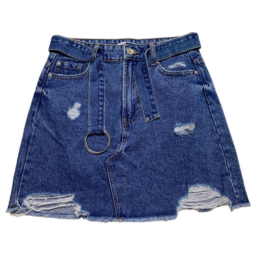 Primark Denim Co. Belted Distressed Denim Blue Jean Raw Hem Mini Skirt Sz 8